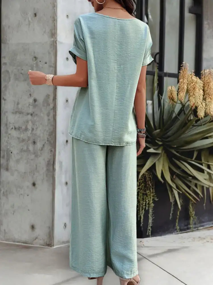 Round Neck Short Sleeve Top and Pants Set