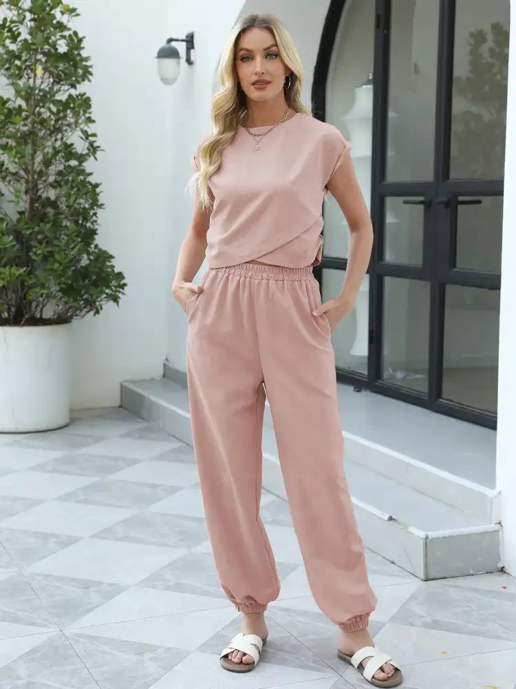 Round Neck Short Sleeve Top and Pants Set