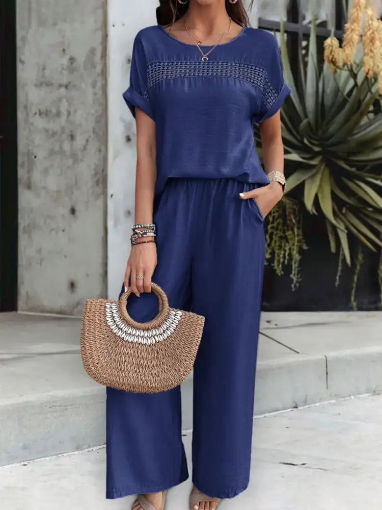 Round Neck Short Sleeve Top and Pants Set