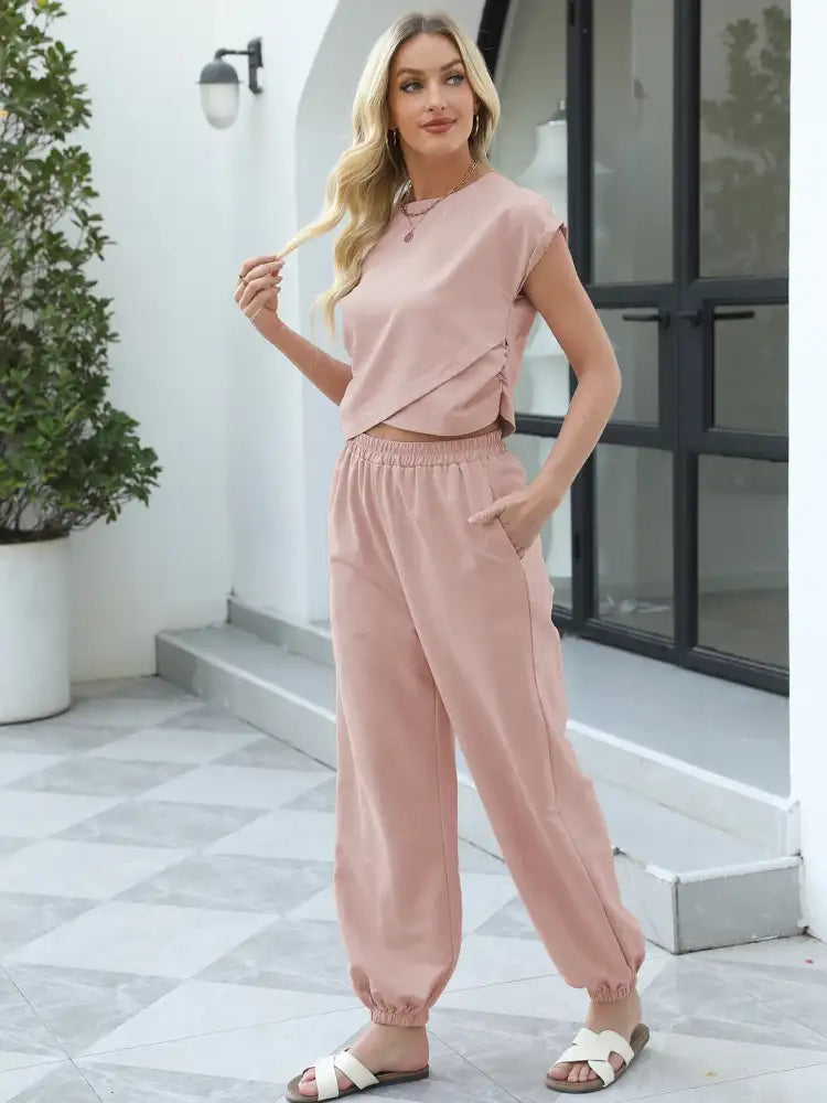 Round Neck Short Sleeve Top and Pants Set