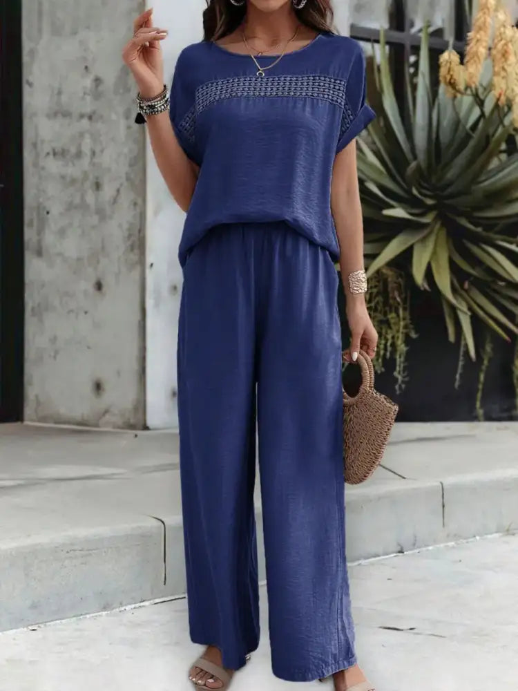 Round Neck Short Sleeve Top and Pants Set