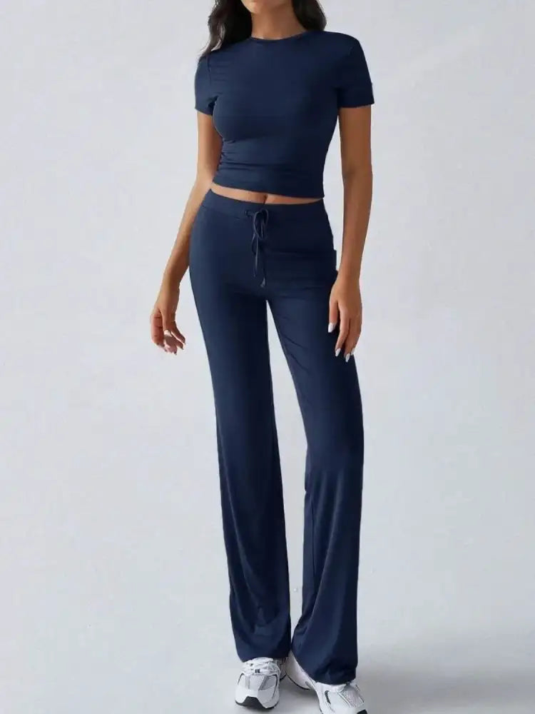 Round Neck Short Sleeve Top and Pants Set