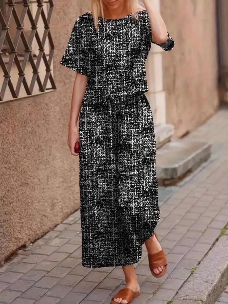 Round Neck Short Sleeve Top and Pants Set