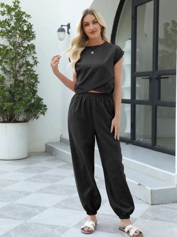 Round Neck Short Sleeve Top and Pants Set