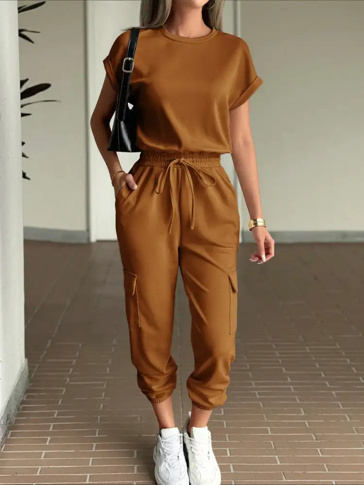 Round Neck Short Sleeve Top and Pants Set