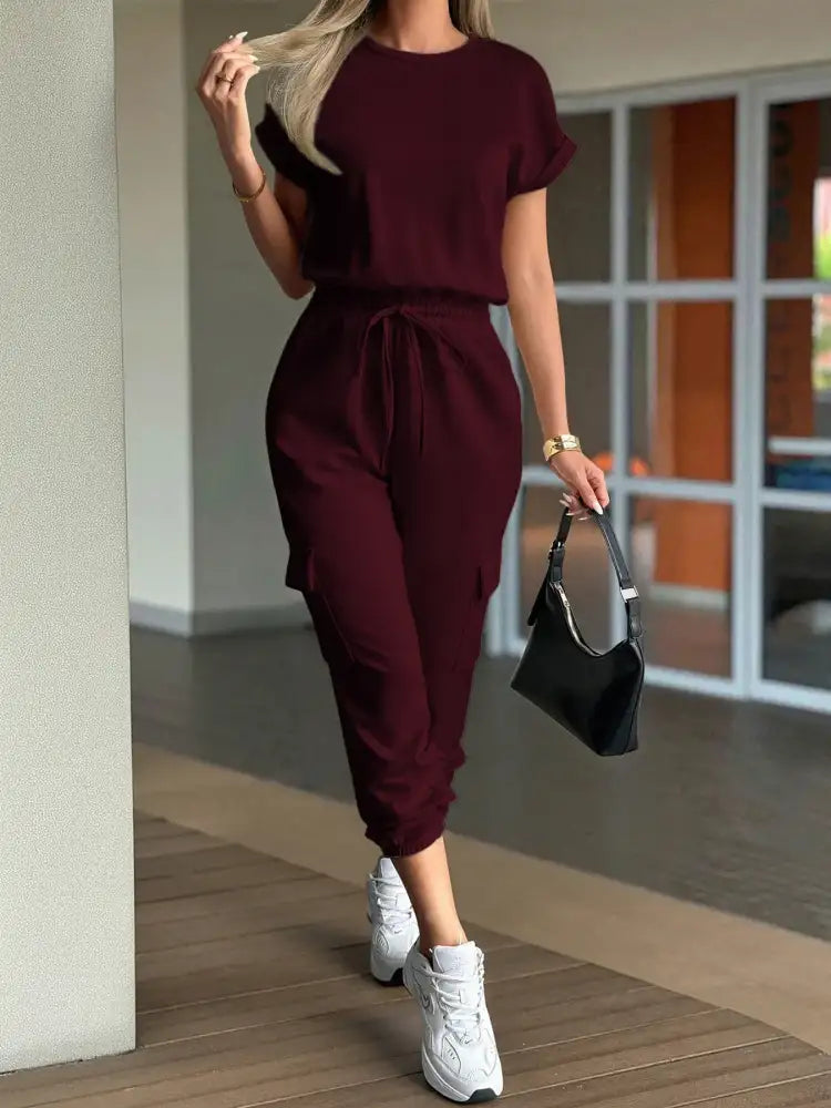 Round Neck Short Sleeve Top and Pants Set