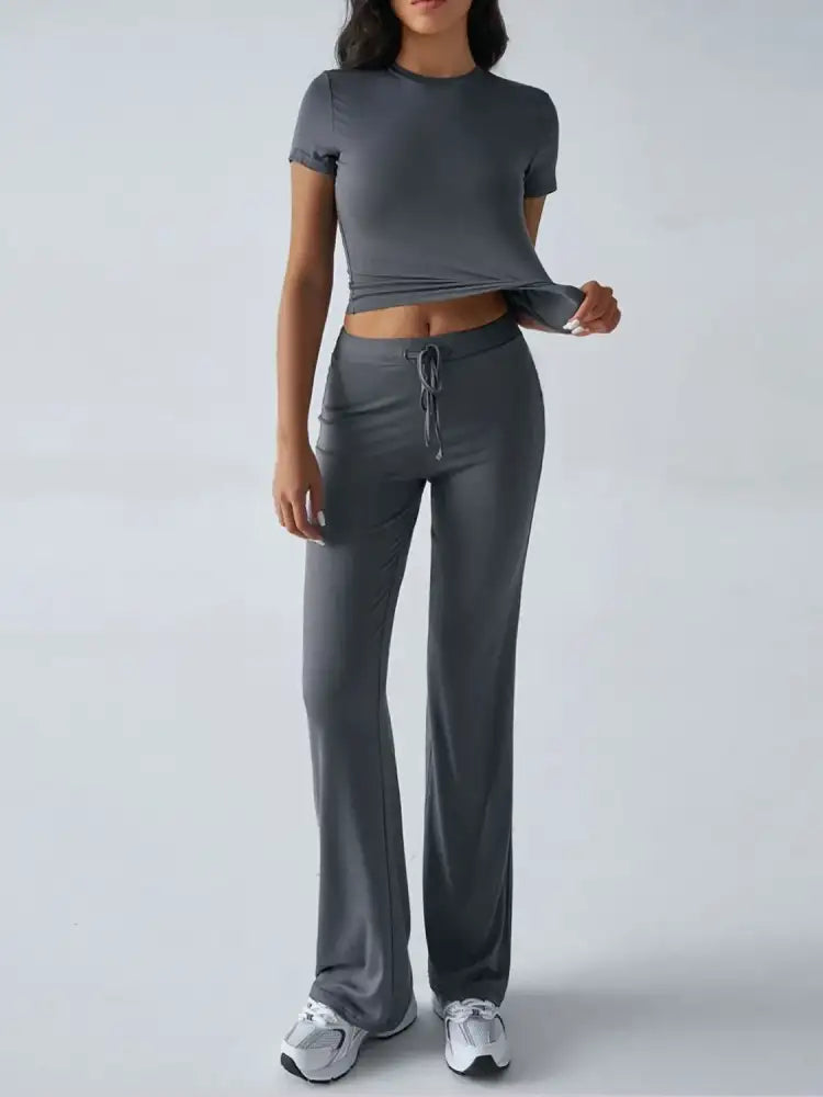 Round Neck Short Sleeve Top and Pants Set