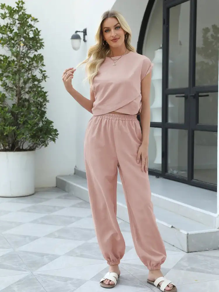Round Neck Short Sleeve Top and Pants Set