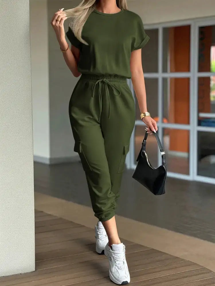 Round Neck Short Sleeve Top and Pants Set