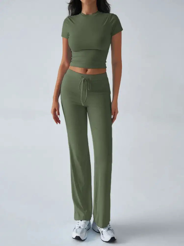 Round Neck Short Sleeve Top and Pants Set