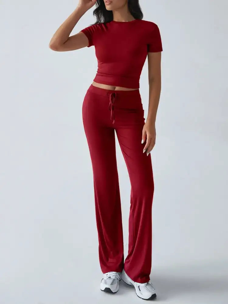 Round Neck Short Sleeve Top and Pants Set