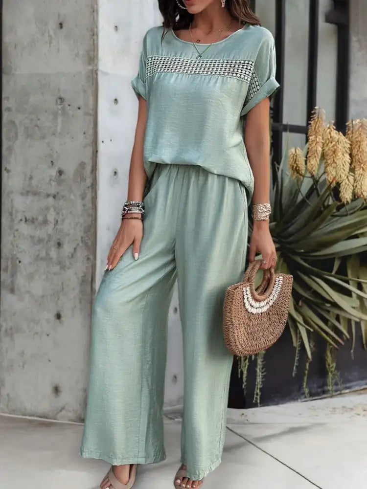 Round Neck Short Sleeve Top and Pants Set