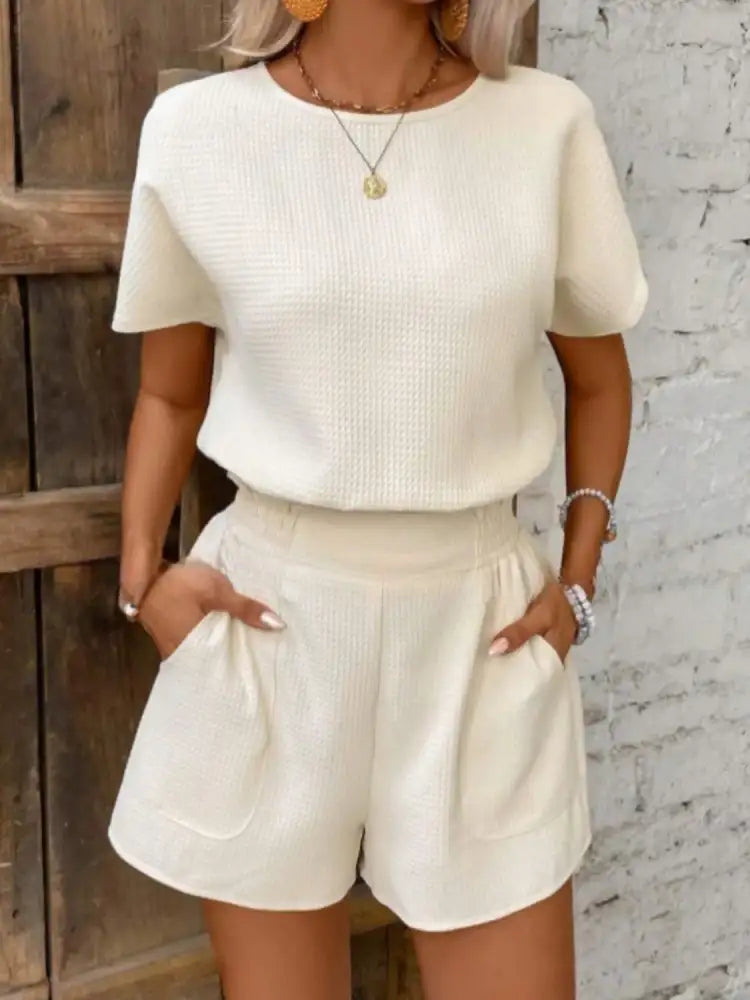 Round Neck Short Sleeve Top and Shorts Set
