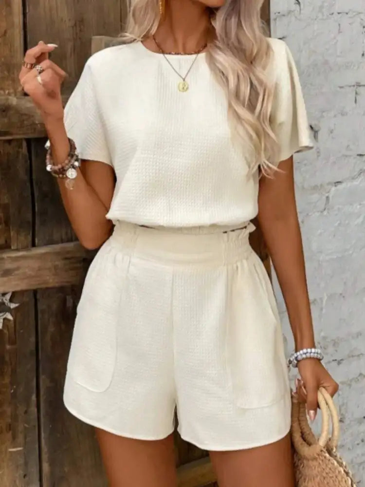 Round Neck Short Sleeve Top and Shorts Set
