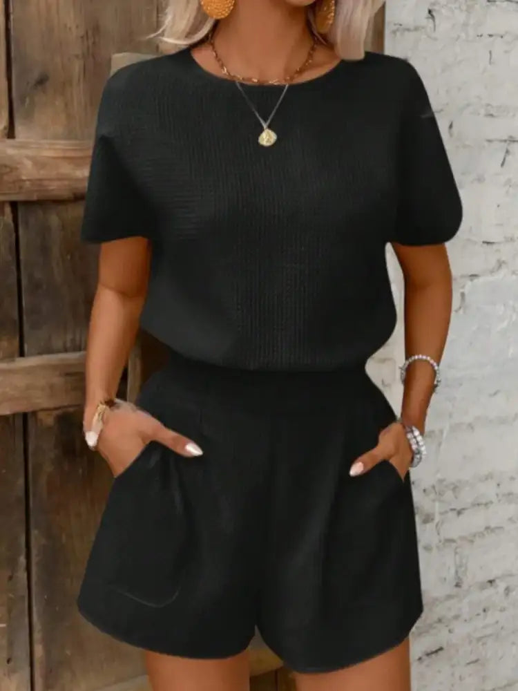 Round Neck Short Sleeve Top and Shorts Set