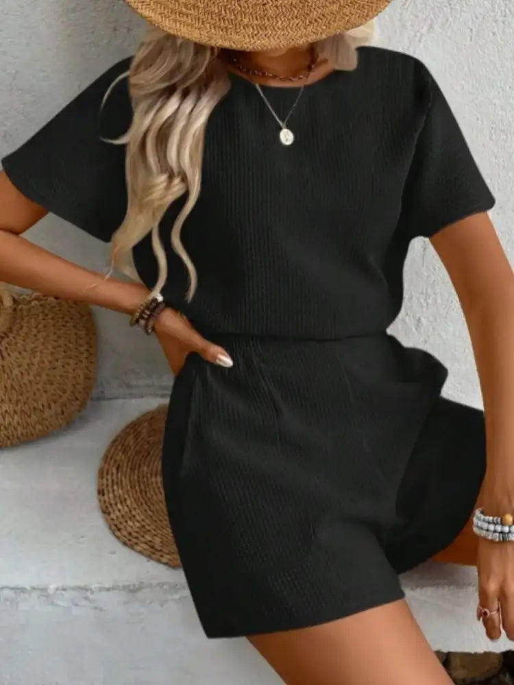 Round Neck Short Sleeve Top and Shorts Set