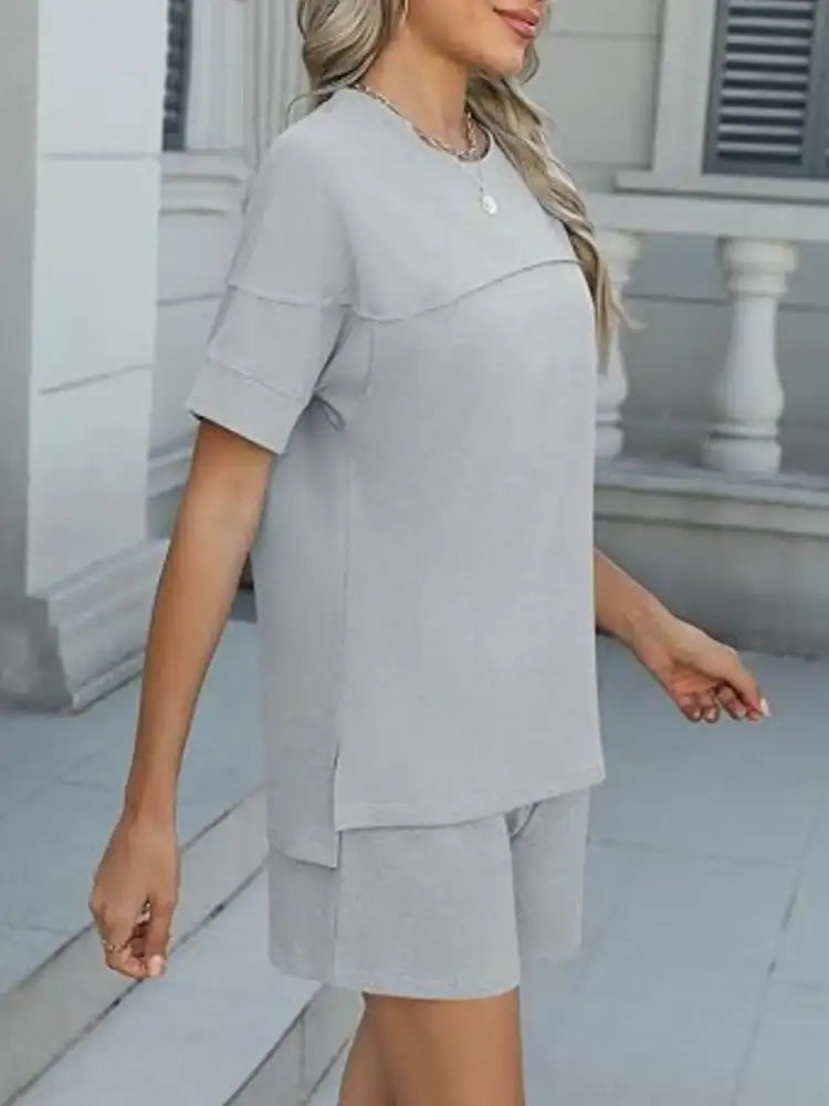 Round Neck Short Sleeve Top and Shorts Set