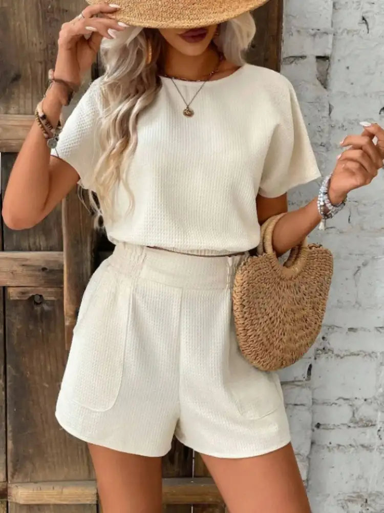 Round Neck Short Sleeve Top and Shorts Set