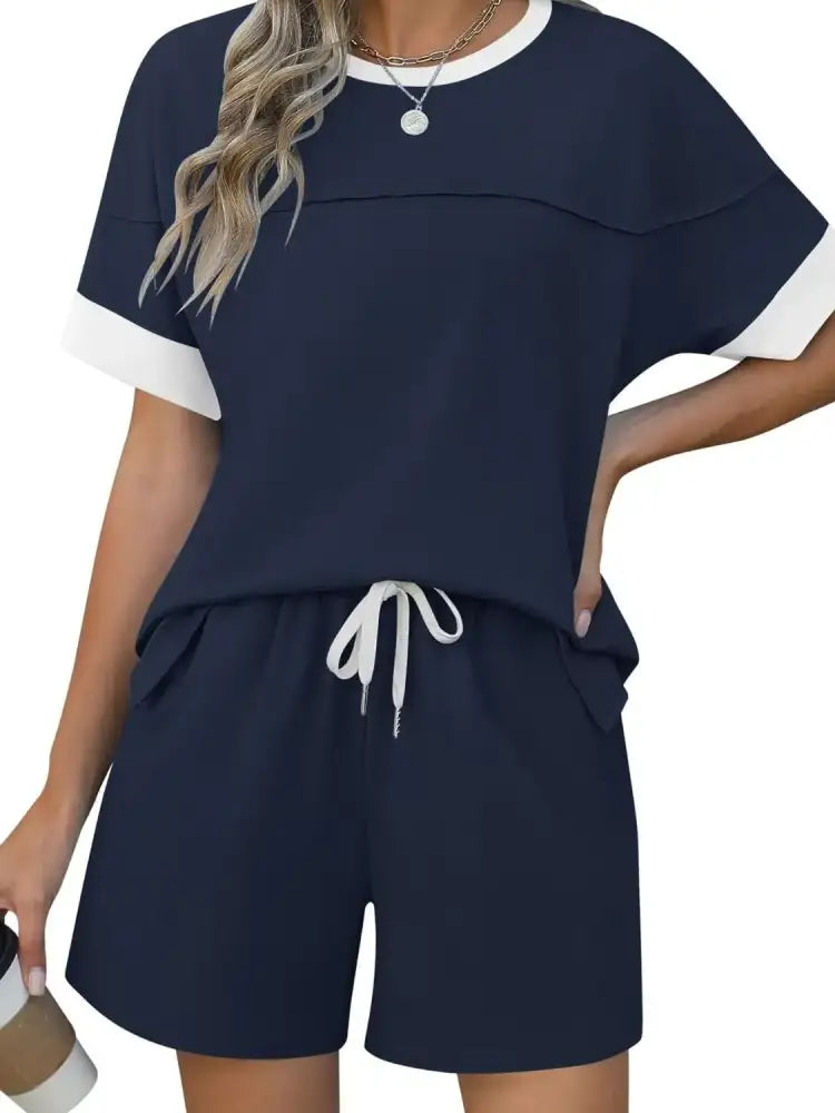 Round Neck Short Sleeve Top and Shorts Set