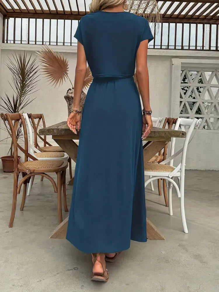 Round Neck Short Sleeve Top and Skirt Set