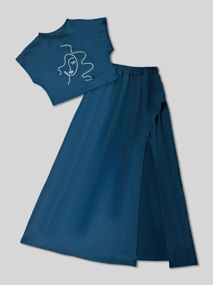 Round Neck Short Sleeve Top and Skirt Set
