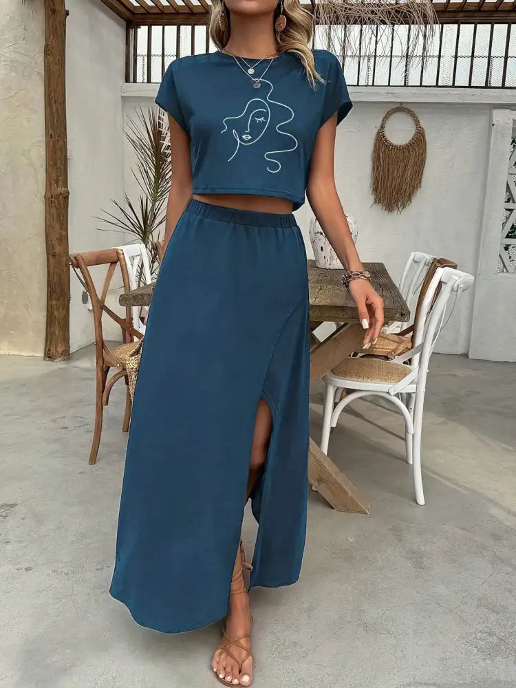 Round Neck Short Sleeve Top and Skirt Set