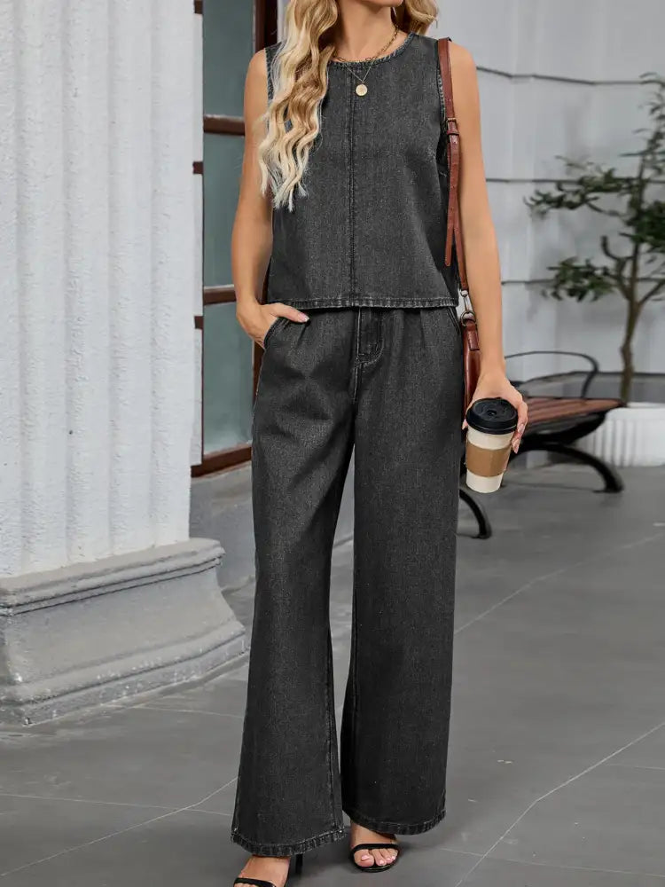 Round Neck Tank and Pants Denim Set