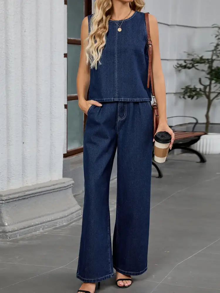 Round Neck Tank and Pants Denim Set