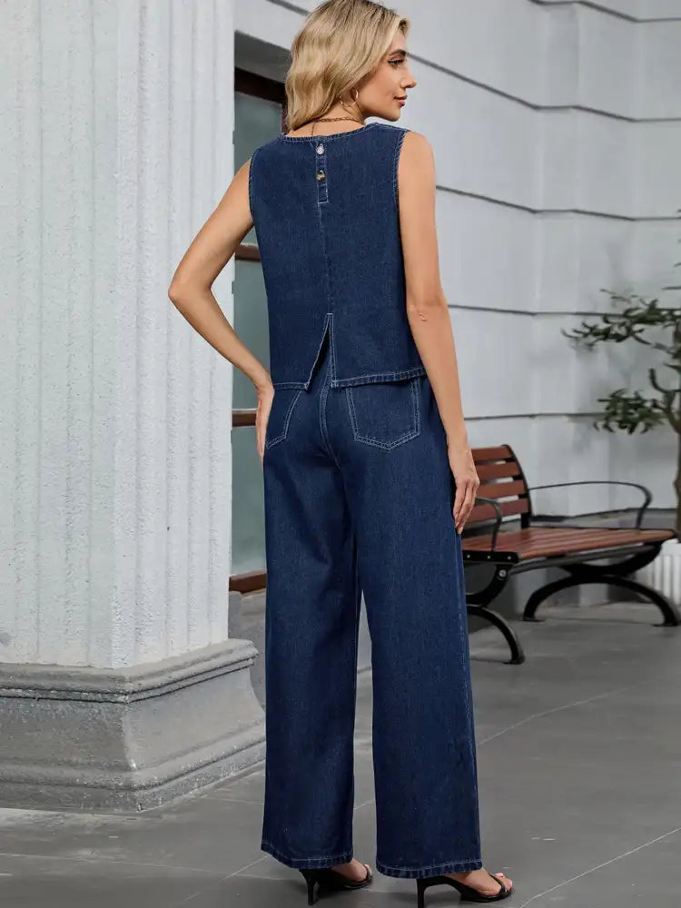 Round Neck Tank and Pants Denim Set