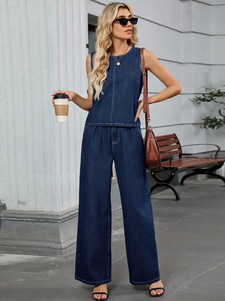 Round Neck Tank and Pants Denim Set