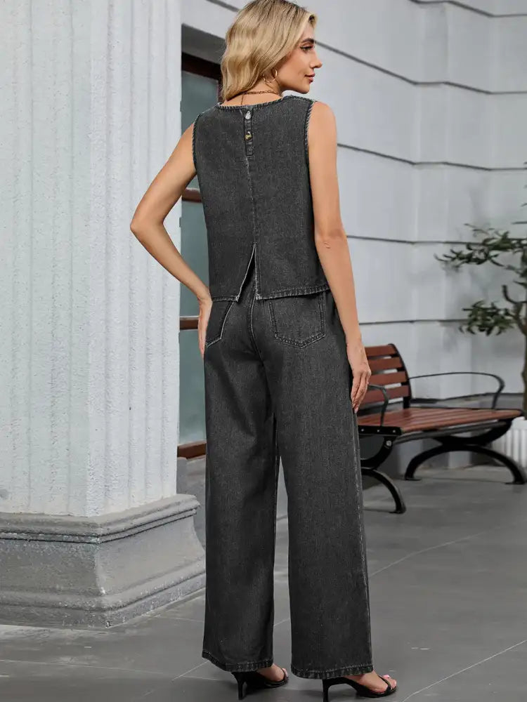 Round Neck Tank and Pants Denim Set