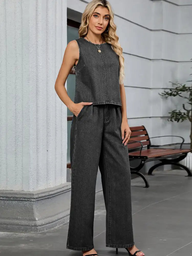Round Neck Tank and Pants Denim Set