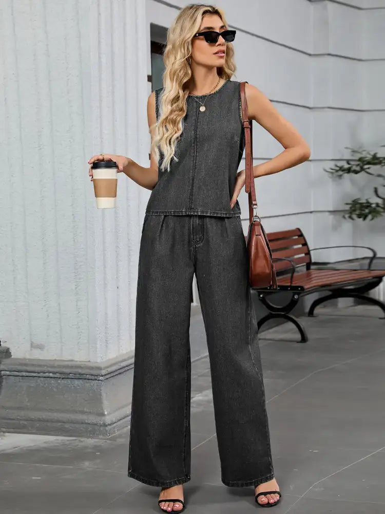 Round Neck Tank and Pants Denim Set