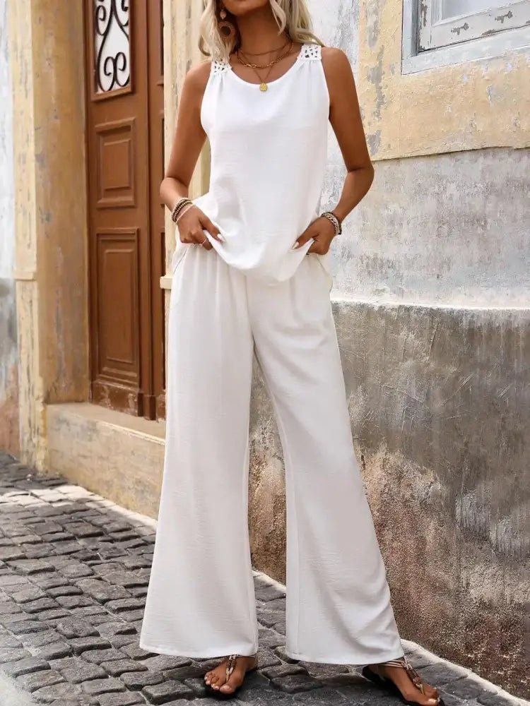 Round Neck Tank and Wide Leg Pants Set