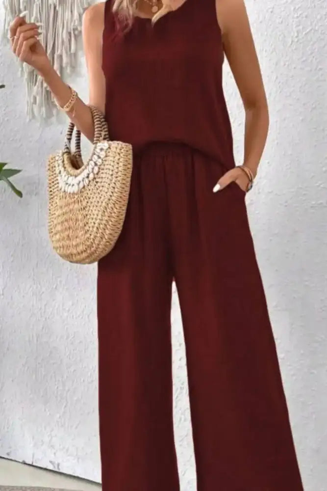 Round Neck Tank and Wide Leg Pants Set