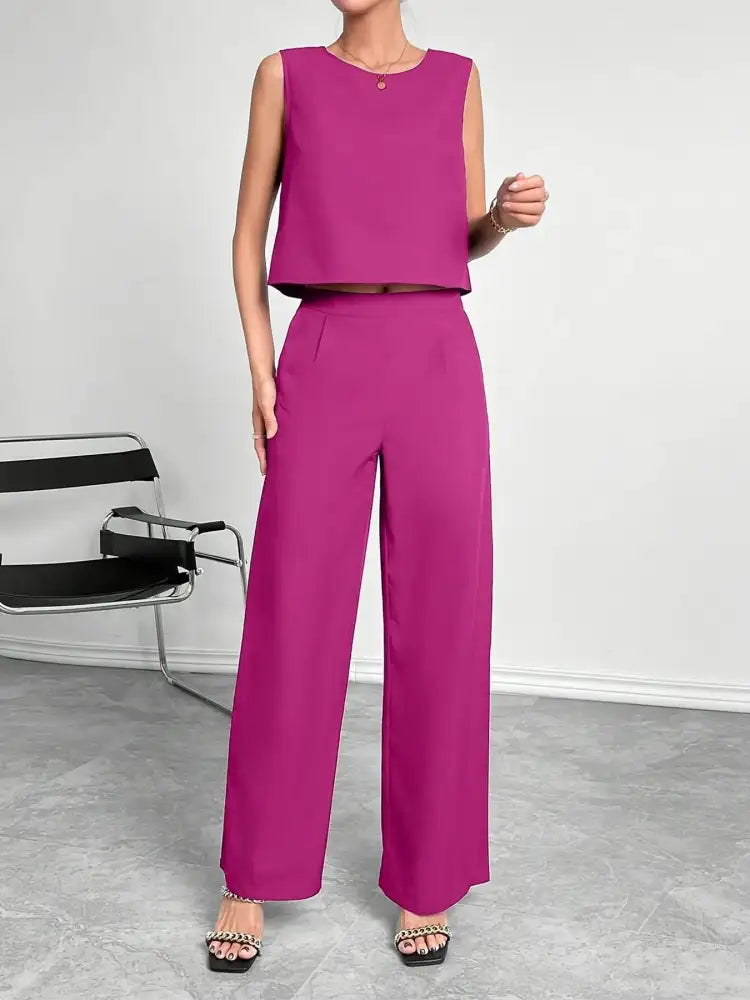 Round Neck Tank and Wide Leg Pants Set