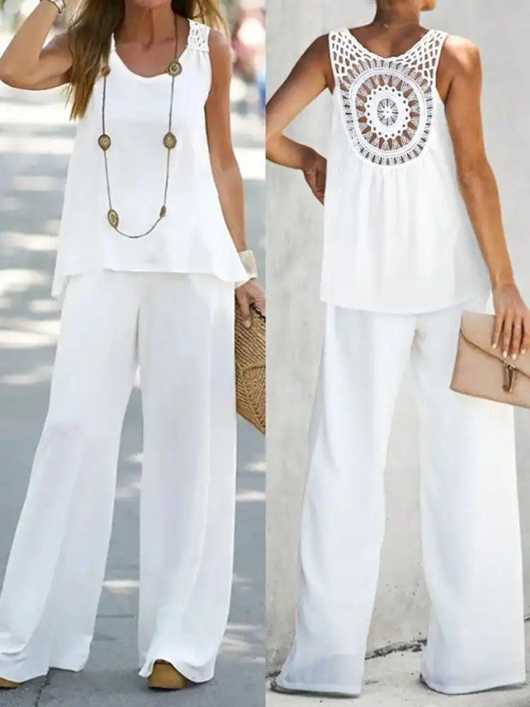 Round Neck Tank and Wide Leg Pants Set