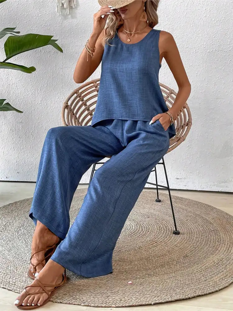 Round Neck Tank and Wide Leg Pants Set