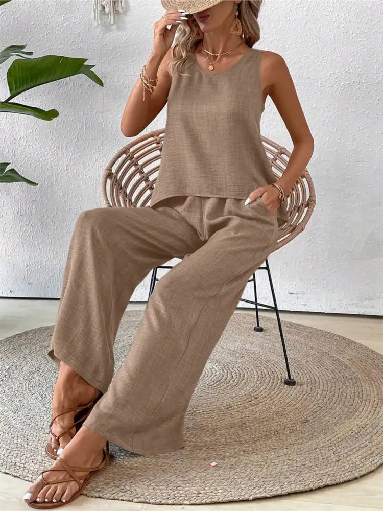 Round Neck Tank and Wide Leg Pants Set