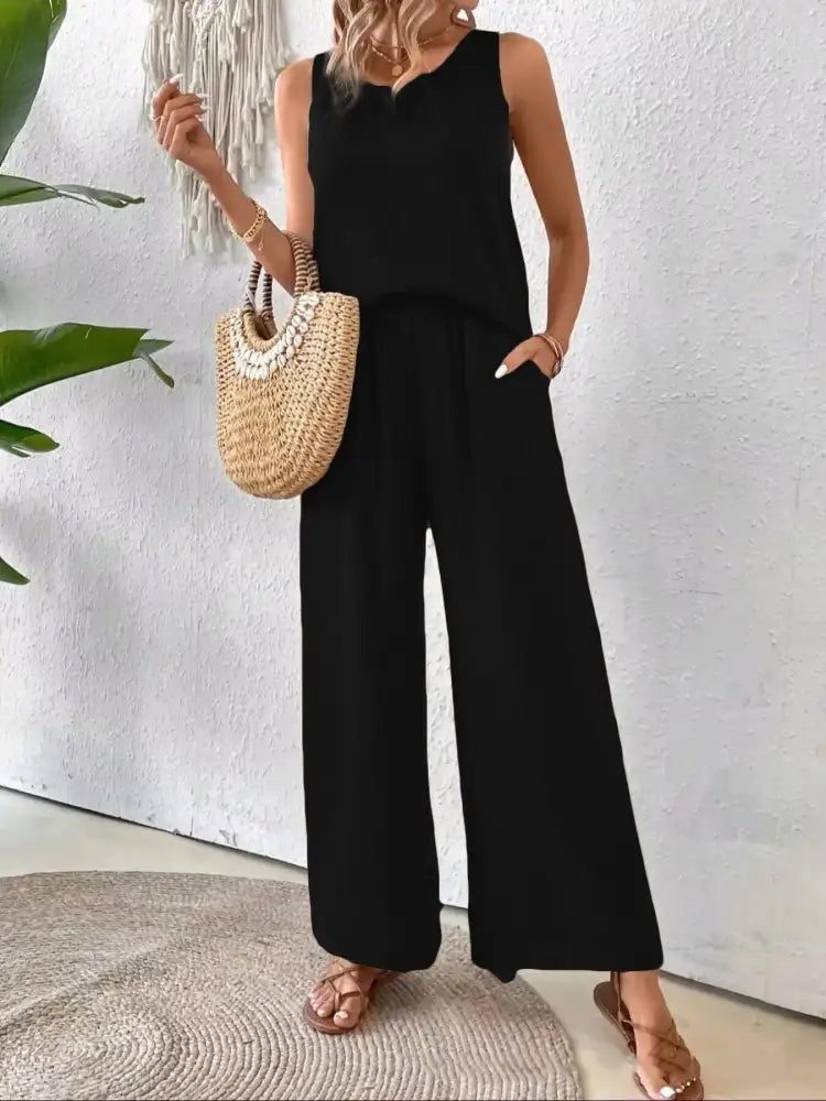 Round Neck Tank and Wide Leg Pants Set