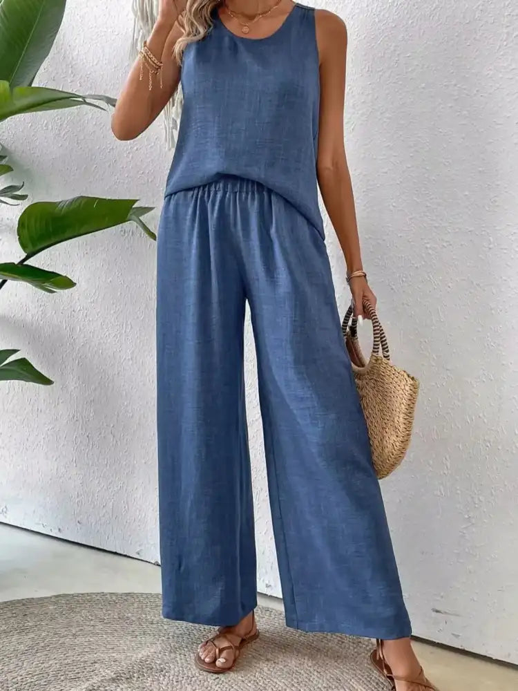 Round Neck Tank and Wide Leg Pants Set
