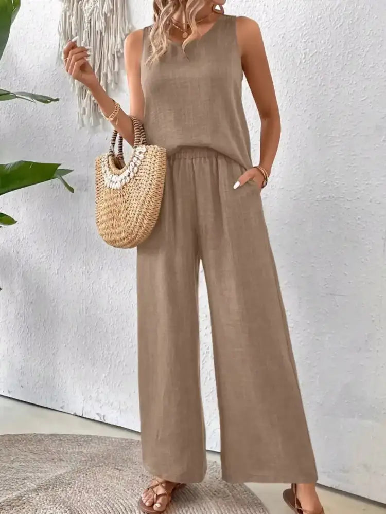 Round Neck Tank and Wide Leg Pants Set