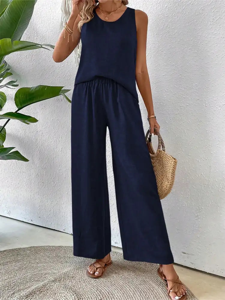 Round Neck Tank and Wide Leg Pants Set