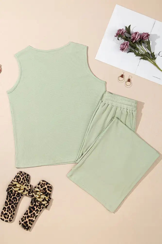 Round Neck Tank Top and High Waist Pants Set