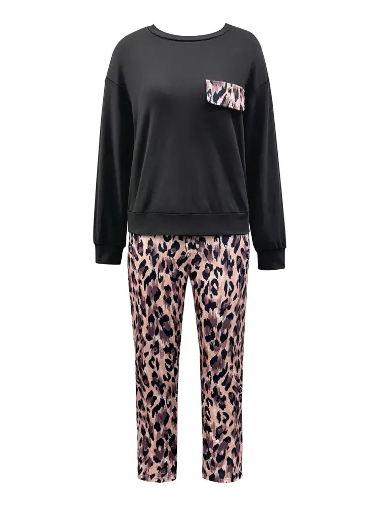 Round Neck Top and Leopard Pants Set