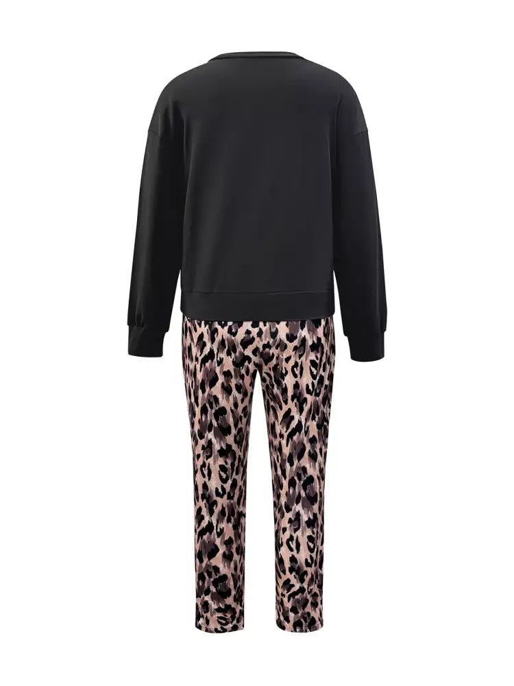 Round Neck Top and Leopard Pants Set