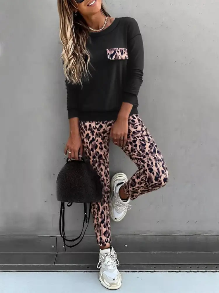 Round Neck Top and Leopard Pants Set
