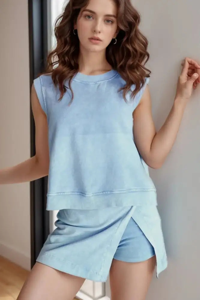 Round Neck Top and Skort Set