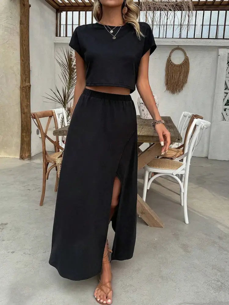 Round Neck Top and Slit Skirt Set