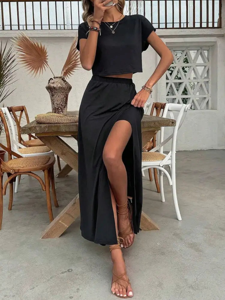 Round Neck Top and Slit Skirt Set